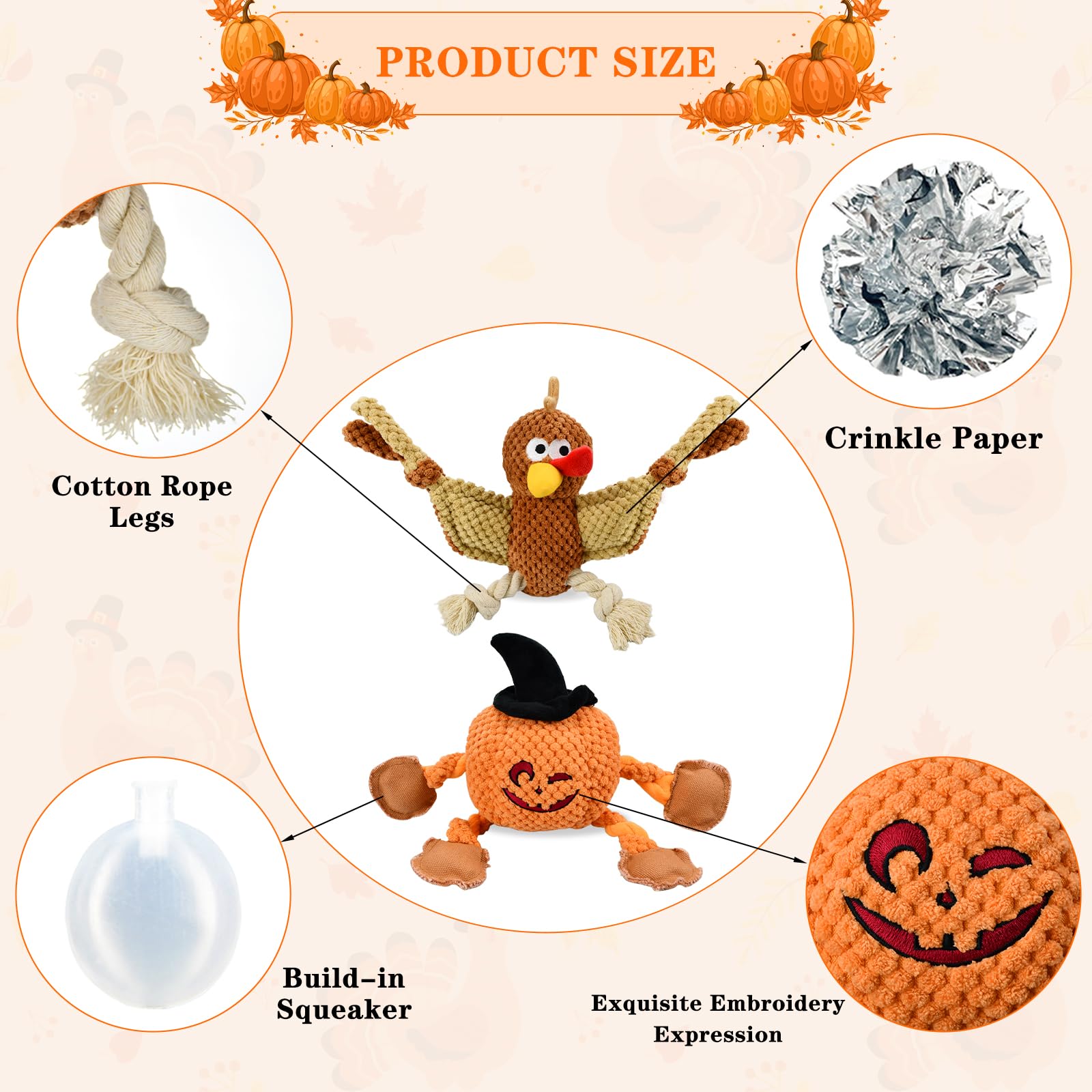 Vehomy Halloween & Thanksgiving Dog Toys - 2PCS Squeaky Pumpkin & Turkey Chew Toys for Small to Medium Dogs - Interactive Puppy Tug of War Toy for Holiday Playtime & Training