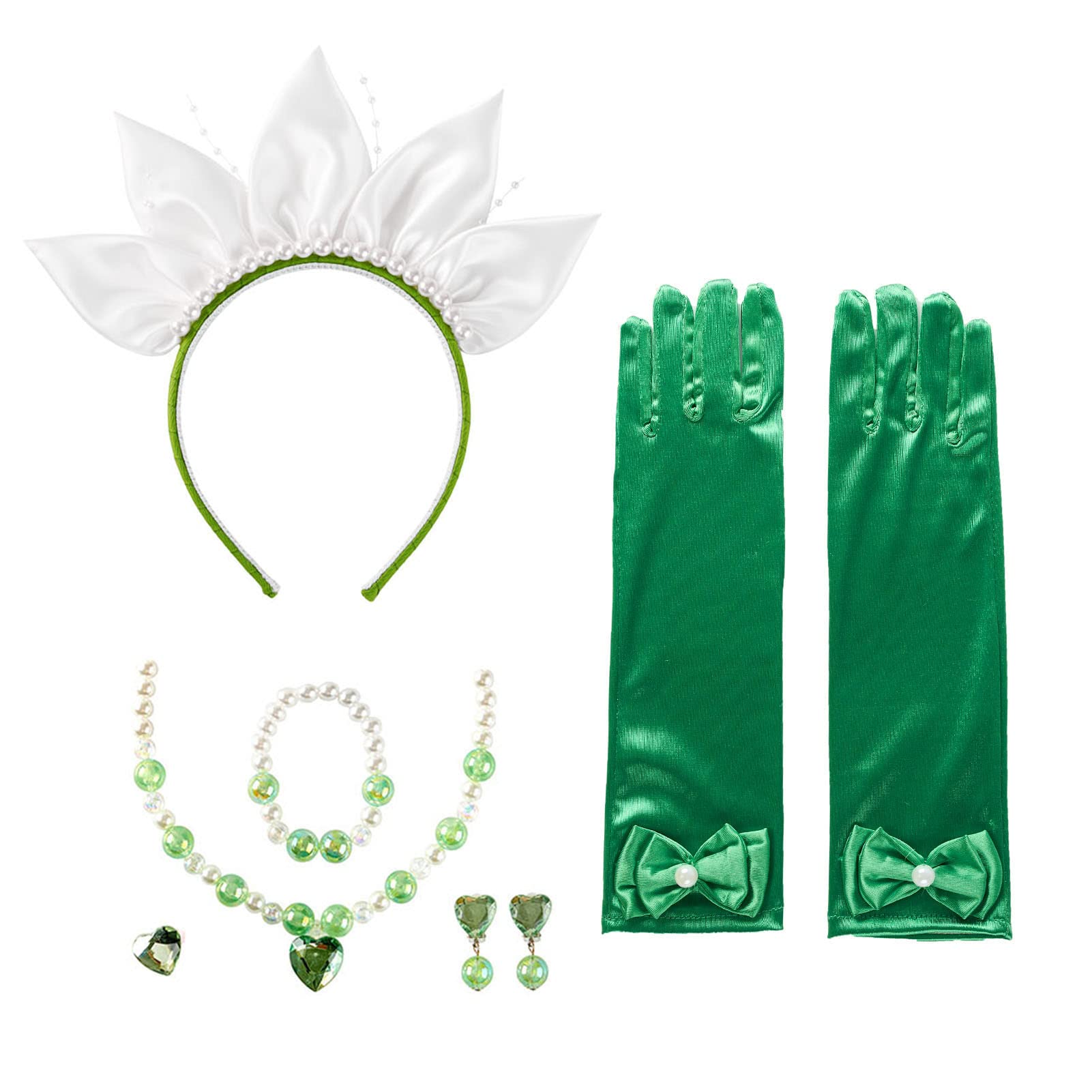 Girls Princess Costume Headband with Green Jewelry & Gloves Set - Perfect for Halloween, Dress Up Parties, Birthday Celebrations & Photo Shoots