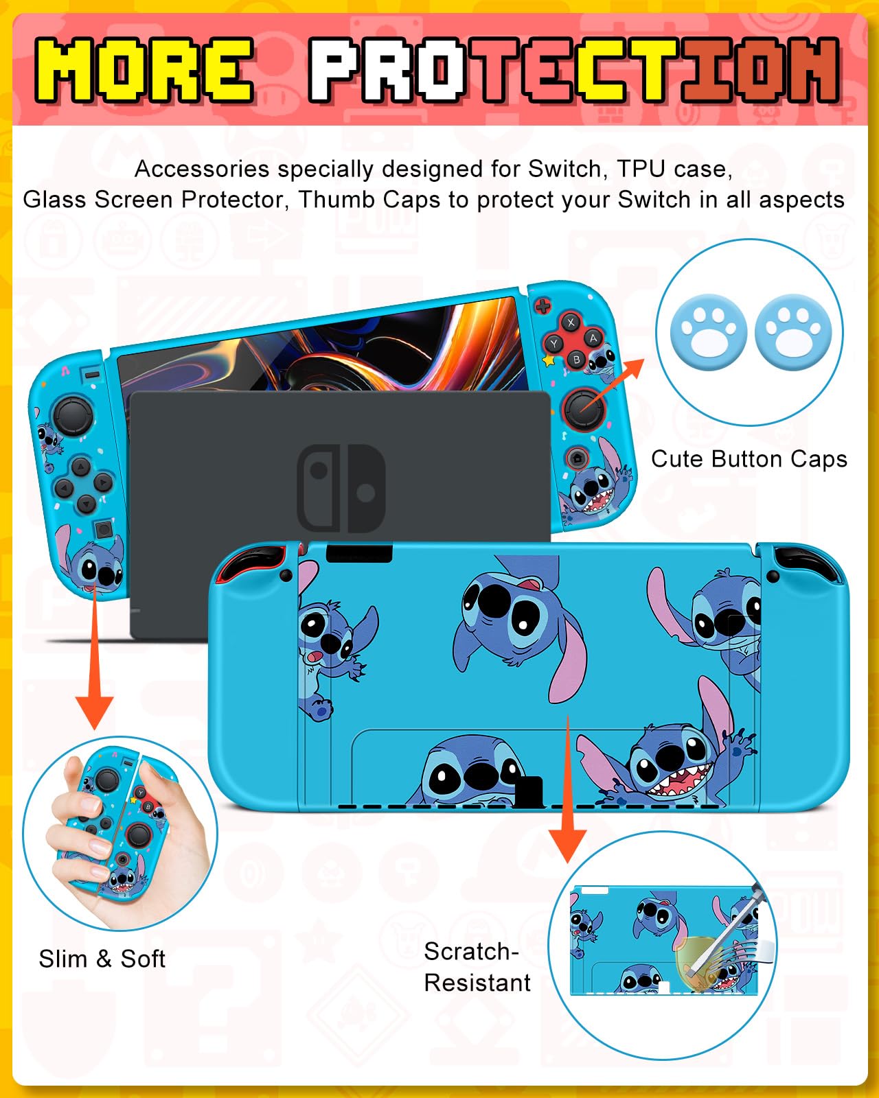 Xinocy 9-in-1 Nintendo Switch OLED Accessories Kit with Travel Case, Protective Cover, Game Holder, Joycon Shells & Thumb Grips - Perfect for Gaming On-The-Go, Travel Protection & Kids Gift (Pink/Blue)