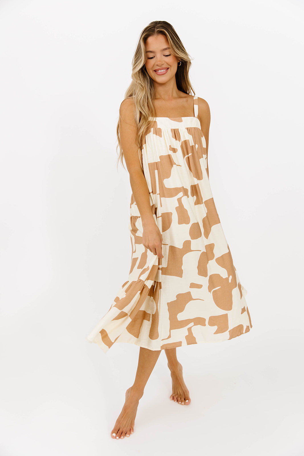 Padma Abstract Print Shirring Tiered Flowy Midi Dress in Ivory/Taupe - Elegant Boho Chic Dress for Women, Perfect for Summer Weddings, Beach Vacations & Date Nights
