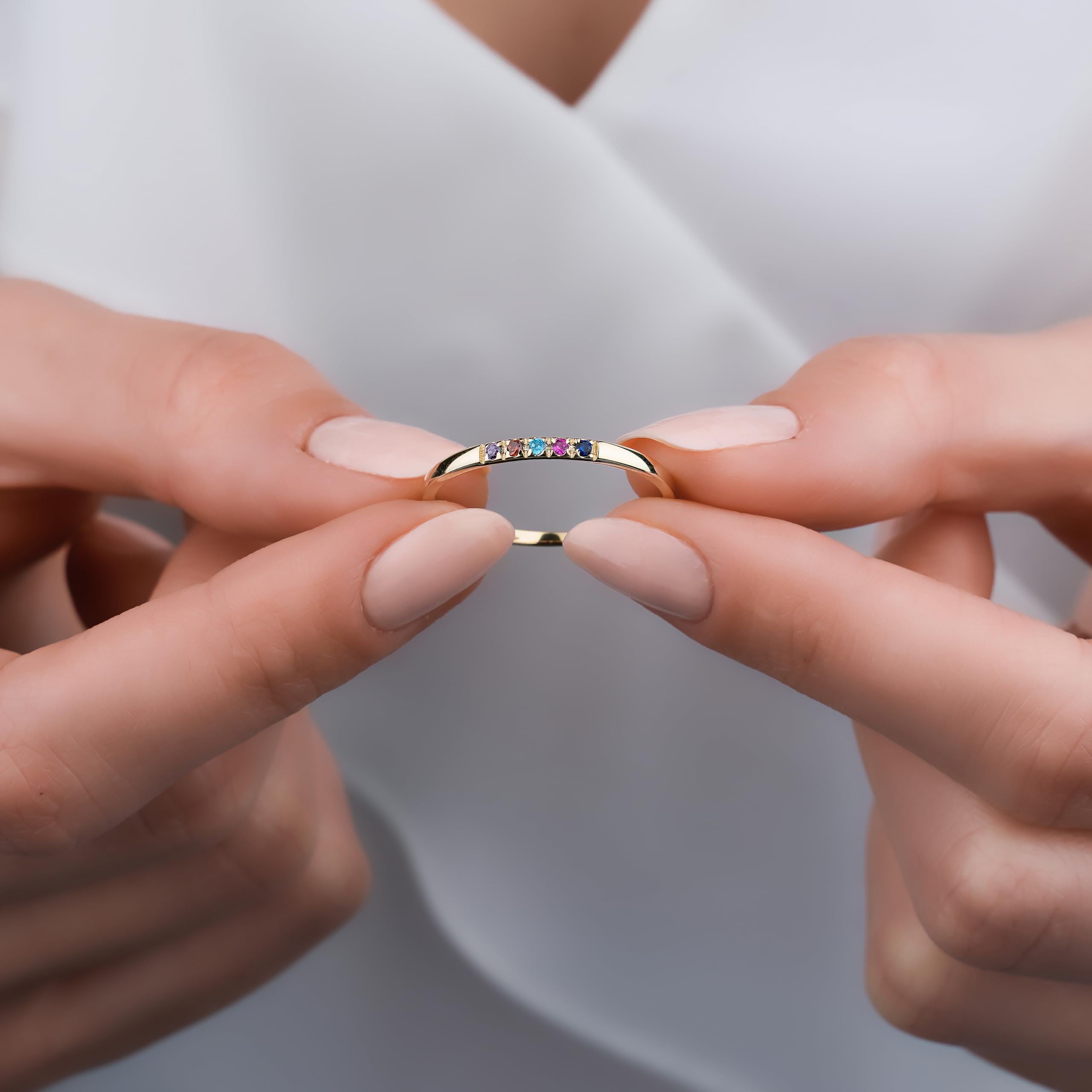 Dainty Multi-Stone Birthstone Ring - 1-10 Custom Birthstones, Minimalist Handmade Family Ring in 14K Gold & 925 Silver - Personalized Gift for Mother's Day, Anniversary & Special Occasions