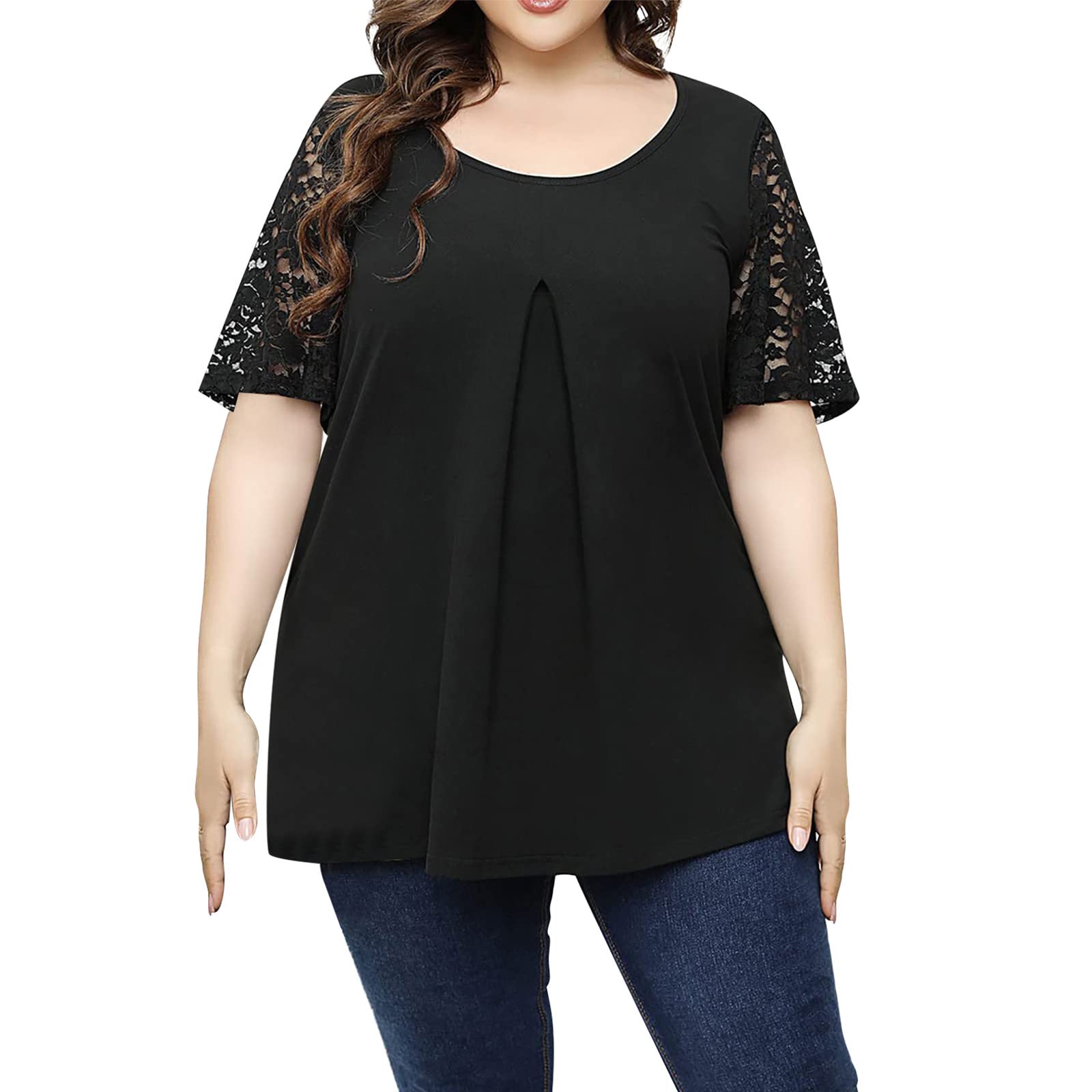 Plus Size Women's Lace Trim Short Sleeve Tunic Top - Breathable Summer Blouse for Casual Wear with Leggings | Office, Weekend Outfits & Vacation Essentials