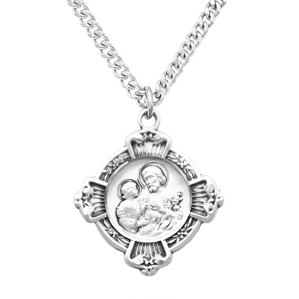 Rosemarie's Religious Gifts Sterling Silver Saint Joseph Cross Medal Pendant Necklace, 24 Inch Chain - Perfect for Baptisms, First Communion & Spiritual Protection