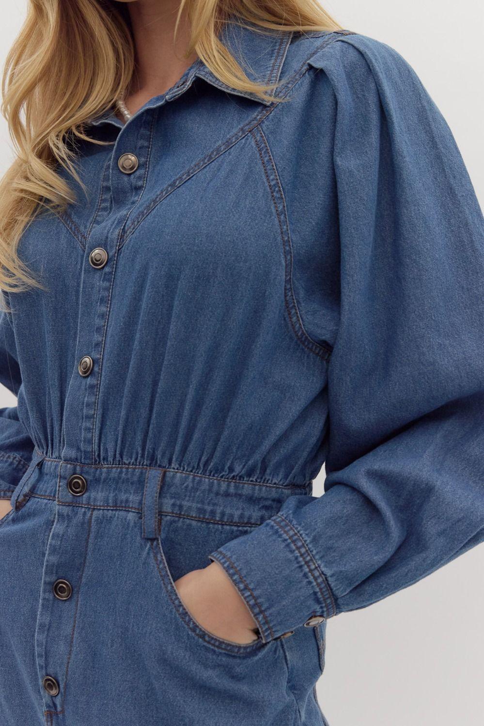 Ilarion Denim Blue Midi Dress for Women - Vintage Washed Denim A-Line Dress with Side Pockets - Perfect for Casual Outings, Date Nights & Summer Vacations