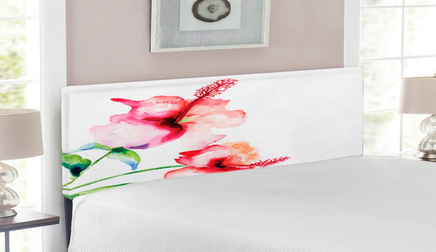 Ambesonne Watercolor Floral Headboard - Queen Size Upholstered Metal Bed Frame with Memory Foam | Hibiscus Flower Design on Pastel Background | Nature-Inspired Home Decor for Bedroom, Guest Room & Nursery (White, Red, Green)