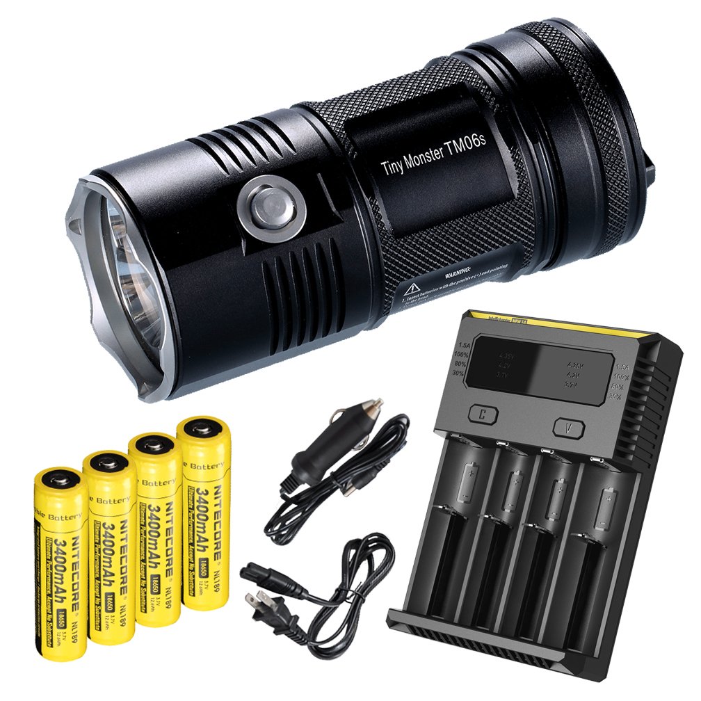 Nitecore TM06S 4000 Lumen Super Bright Flashlight with 4 x 3400mAh Rechargeable Batteries & i4 Smart Charger - 393 Yard Long Range Beam for Camping, Hiking, Emergency & Outdoor Adventures