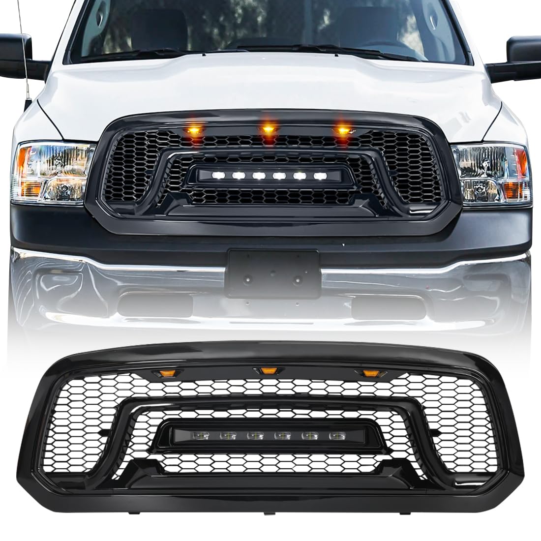Glossy Black Front Bumper Grill Compatible with 2013-2023 Dodge Ram 1500 & Ram 1500 Classic | Off-Road Ready LED Light Bar | Perfect for Truck Upgrades & Off-Road Adventures