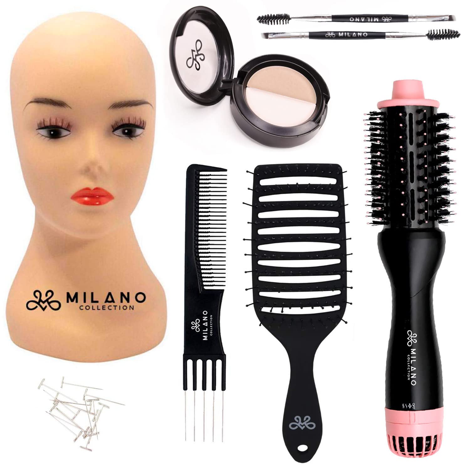 Milano Collection Deluxe Wig Styling Kit - 12” Silicone Mannequin Head with Suction Stand, 30 T-Pins, Scalp Illusion Duo, Hot Air Brush, Gentle Brush & Teasing Comb | Perfect for Salon Styling, Wig Practice & Cosplay Makeup