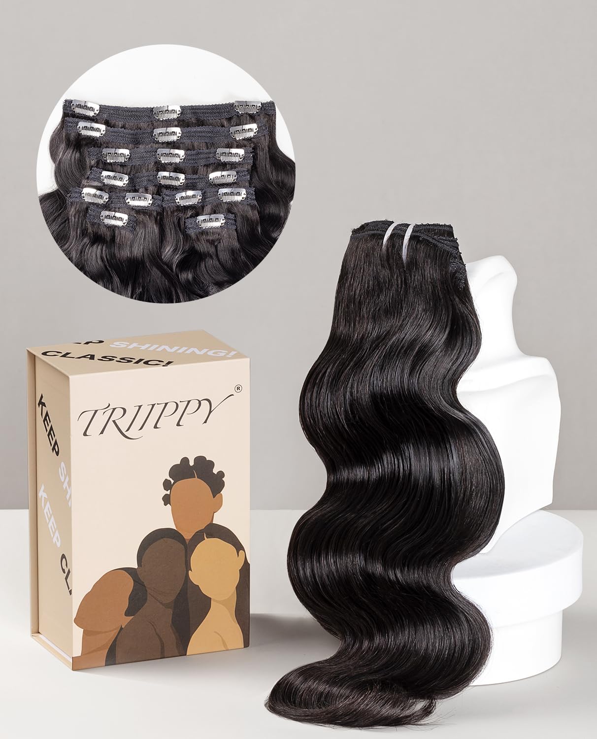 Premium TRIIPPY Clip-in Hair Extensions 22 Inch 8-Piece Set (120g) - 100% Raw Cambodian Human Hair, Body Wave, Natural Black | Triple Lifespan, Stays Smooth & Silky | Perfect for Daily Wear, Parties, Weddings & Special Occasions