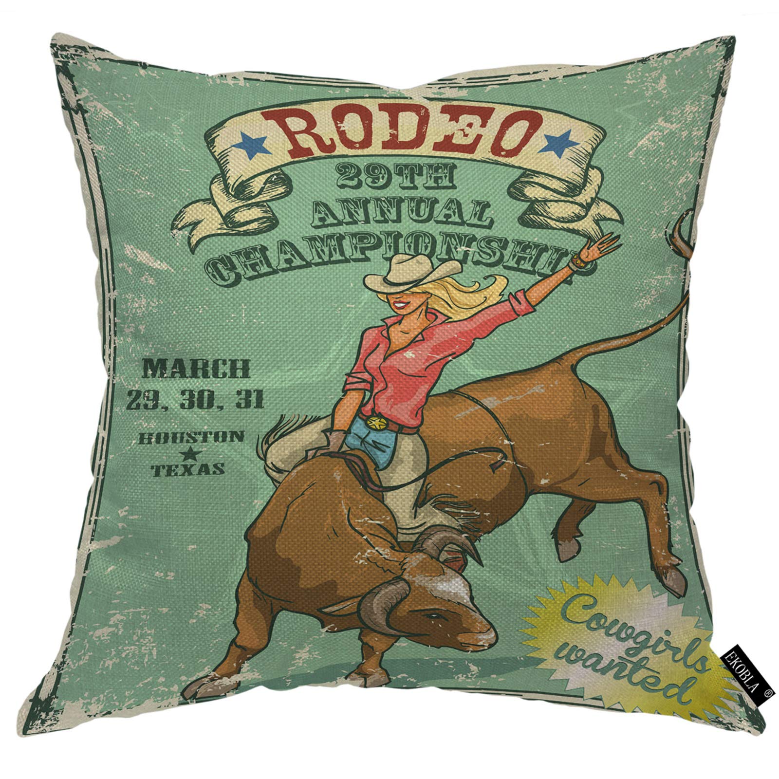 EKOBLA Rodeo Cowgirl Throw Pillow Cover - 18x18 Inch Cotton Linen Square Cushion Case for Farm Ranch Decor | Western Bull Riding Championship Theme | Perfect for Living Room, Bedroom & Cowboy-Themed Home Decor