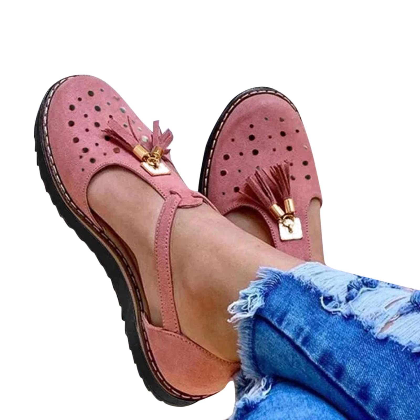 Aniywn Women's Casual Slip-On Flats Sandals with Tassel & Buckle Strap - Round Toe Platform Wedge Shoes for Walking, Beach & Summer Outfits