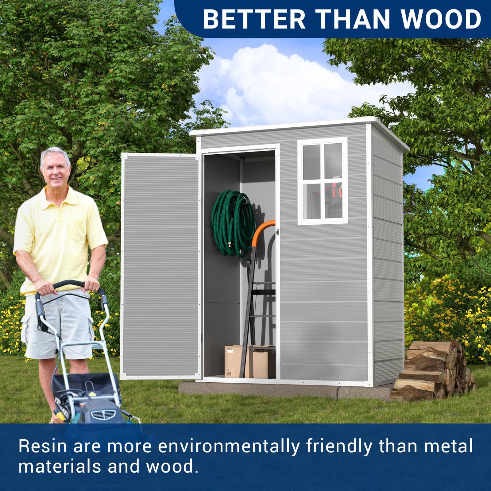 5x3FT Outdoor Storage Shed with Floor - Waterproof Plastic Tool Shed with Lockable Door & Window for Bike, Garbage Cans & Garden Accessories (Grey & White) - Perfect for Backyard, Patio & Garage Organization