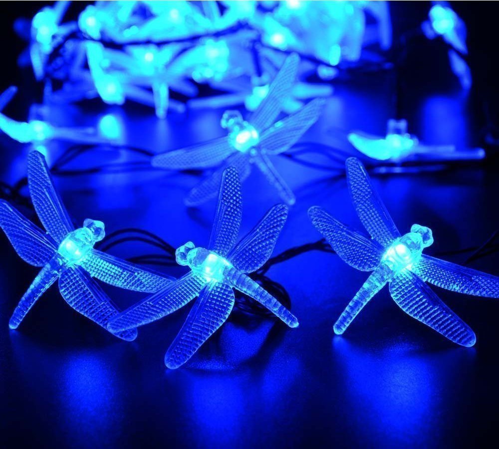 Solar Powered Dragonfly String Lights - 20ft Waterproof Outdoor Fairy Lights with 30 LED for Garden, Patio, Lawn & Holiday Decorations | Perfect for Christmas, Parties, Weddings & Home Decoration (Blue)