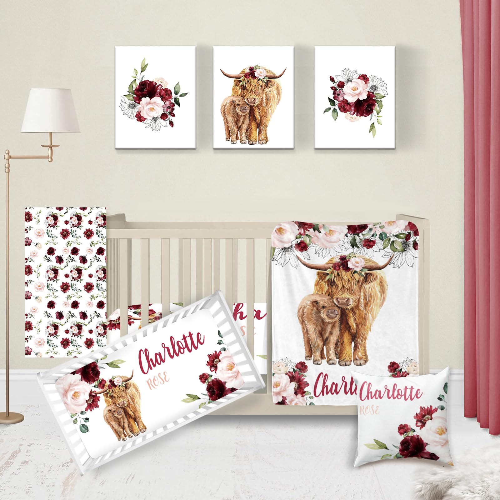 Custom Personalized Rose Highland Cow Baby Crib Bedding Set - 5 Piece Nursery Bedding with Name for Girls - Floral Crib Set for Newborns & Infants | Perfect for Baby Showers, Nursery Decor & Gift Giving