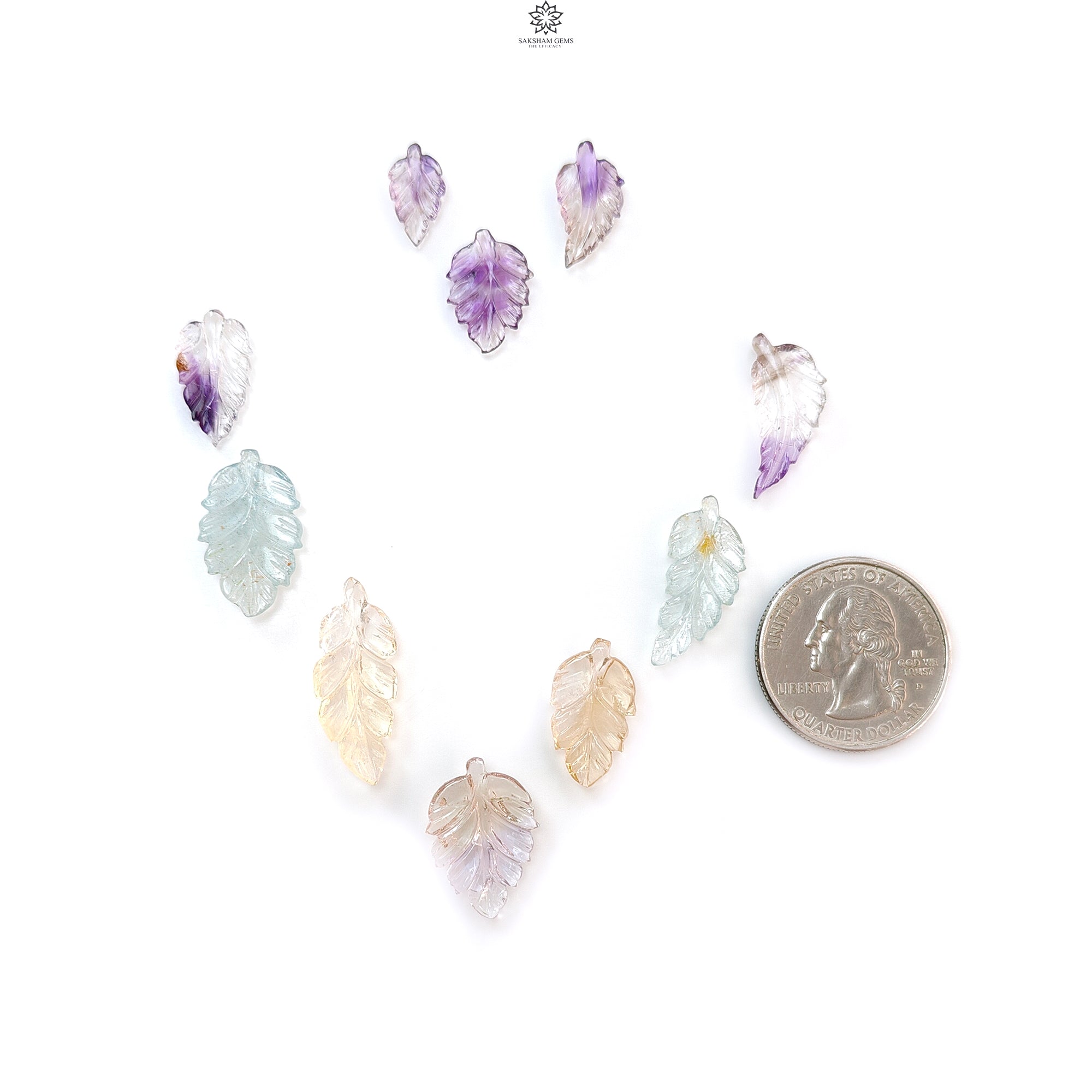 Natural Untreated Amethyst, Citrine & Aquamarine Gemstone Carving - 34.80cts Hand-Carved Leaf Shape Gemstones (13x7mm to 25.5x10mm) 10-Piece Set for Jewelry Making, Meditation & Healing Crystals