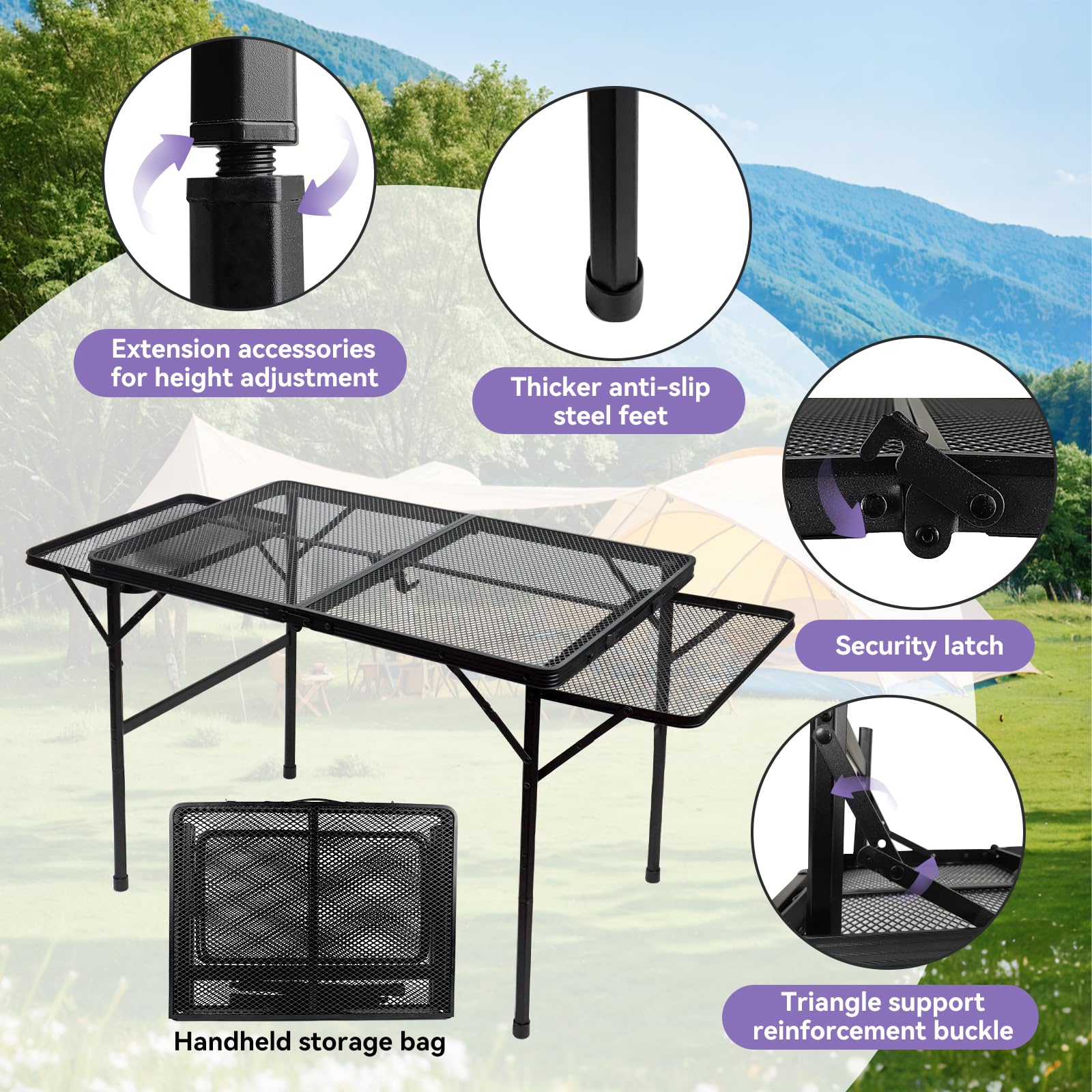 BRIAN & DANY 3x2 FT Folding Camping Table with 2 Wing Panels - Adjustable Height Portable Picnic & Grill Table for Outdoor, Backyard, BBQ, Tailgating - Lightweight Metal Foldable Table (Black)