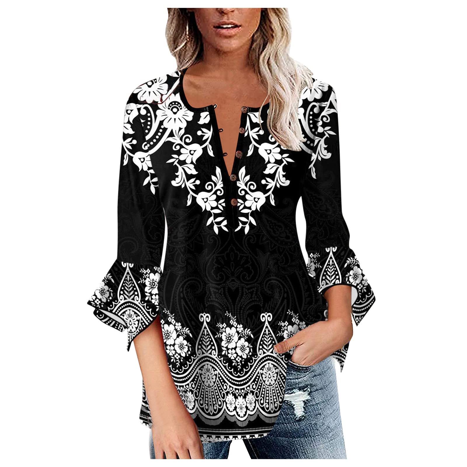 Women's Long Sleeve Button-Up Printed T-Shirt Blouse - Casual Summer Top with Unique Design for Work, Dating & Everyday Wear