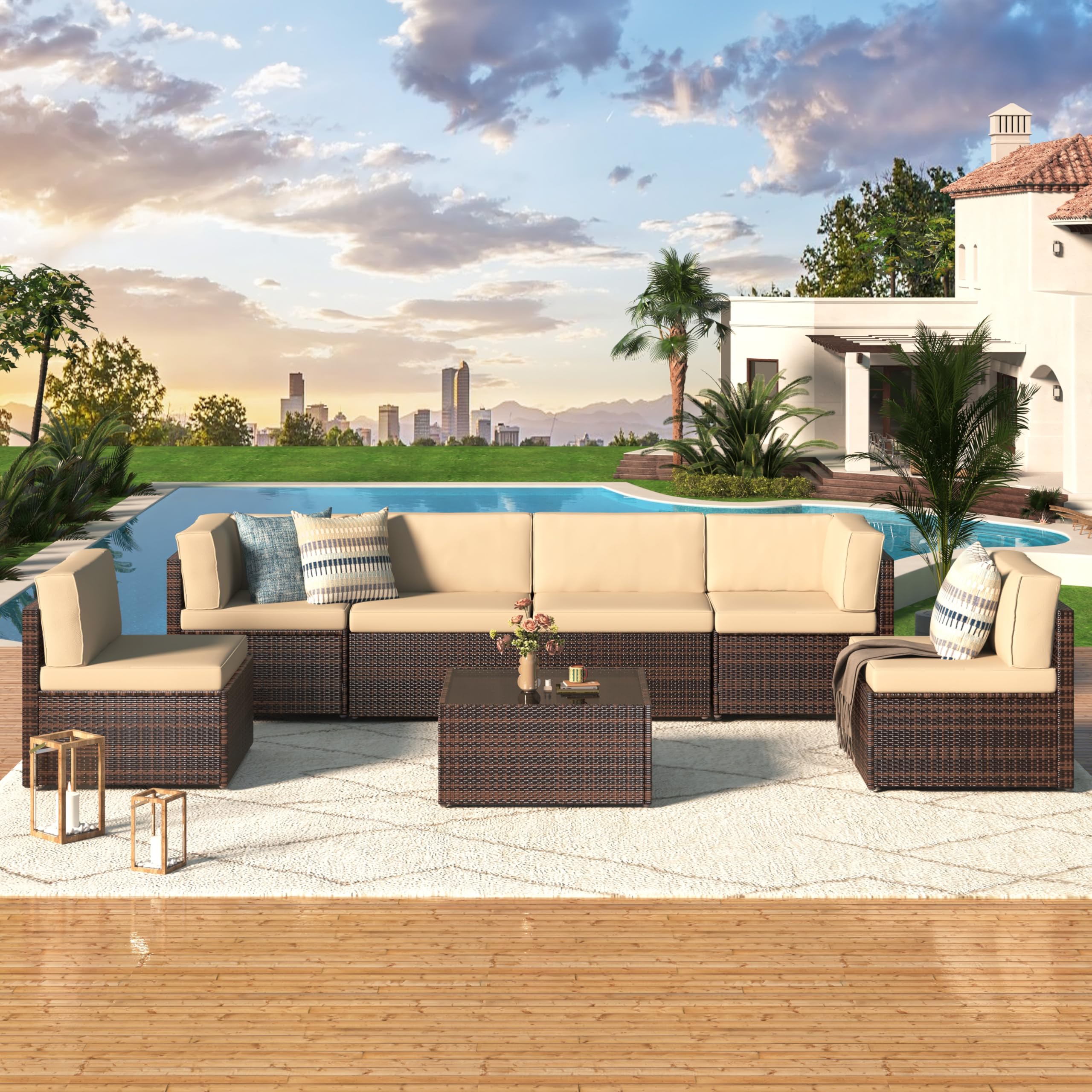 U-MAX 7-Piece Outdoor Patio Furniture Set - PE Rattan Wicker Sofa Sectional with Cushions & Coffee Table - Brown - Perfect for Garden, Backyard, Poolside & Balcony Relaxation