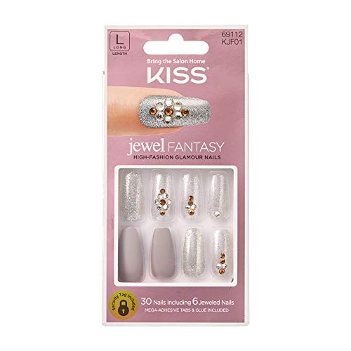 KISS Jewel Fantasy Nails Medium Length - KJF01 False Press on Nails for Women, Glamorous Acrylic Fake Nails with Rhinestones for Parties, Weddings & Special Occasions