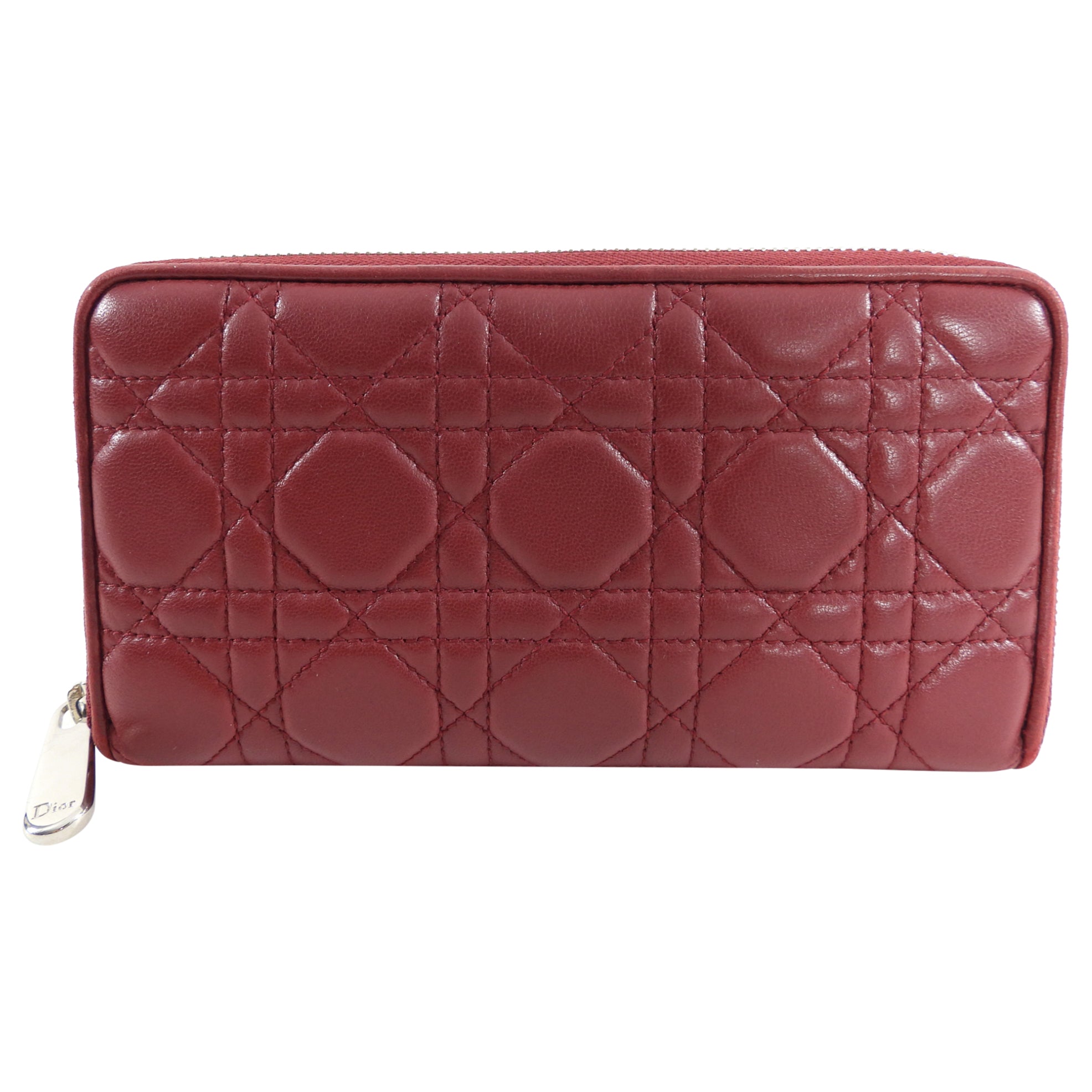 Dior Dark Red Lambskin Cannage Quilted Continental Zip Wallet - Luxury Designer Wristlet for Women - Perfect for Everyday Use, Parties & Special Occasions