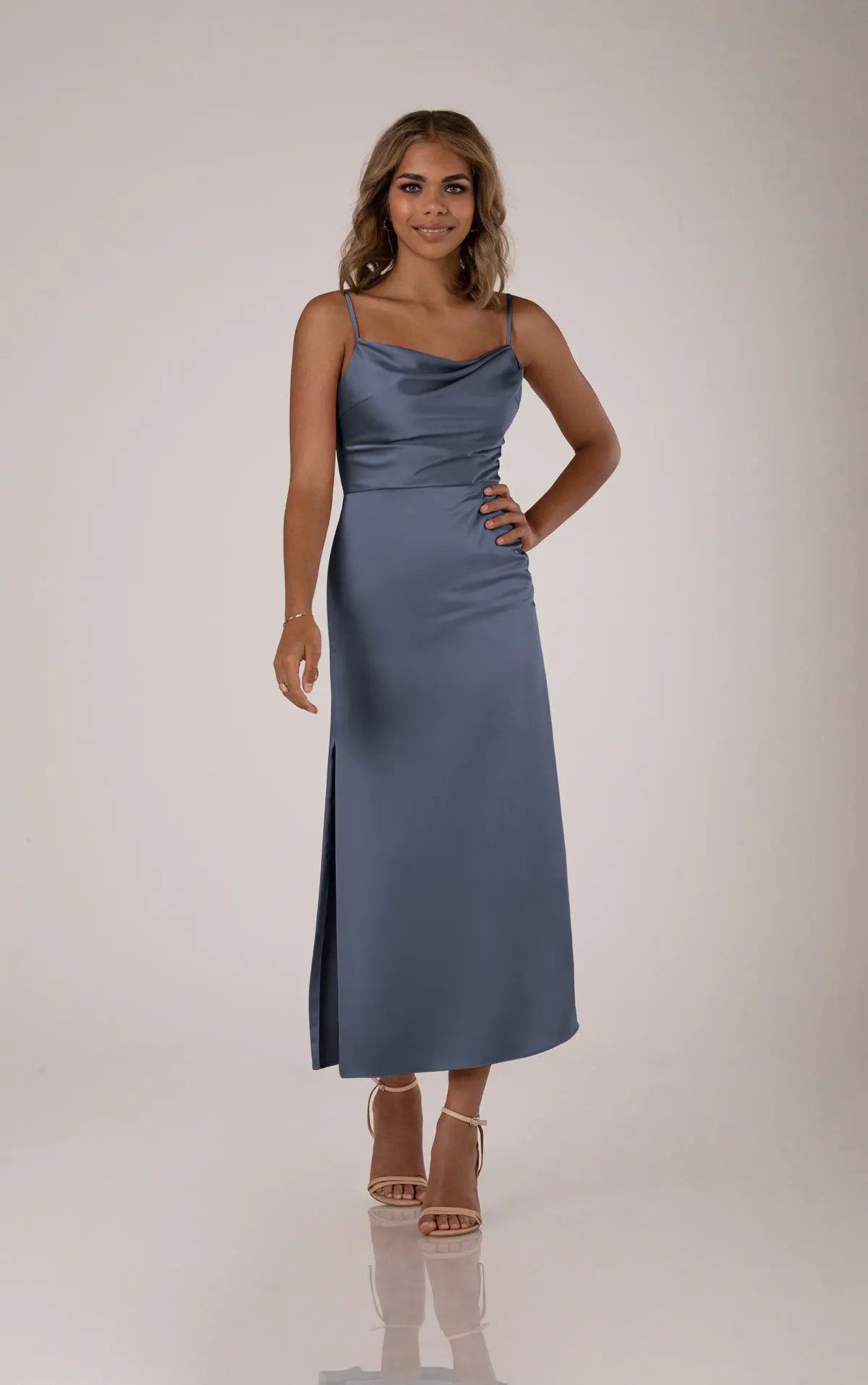 Aliza Tea Length Charmeuse Dress - Elegant & Flowy Formal Gown for Weddings, Parties & Special Occasions