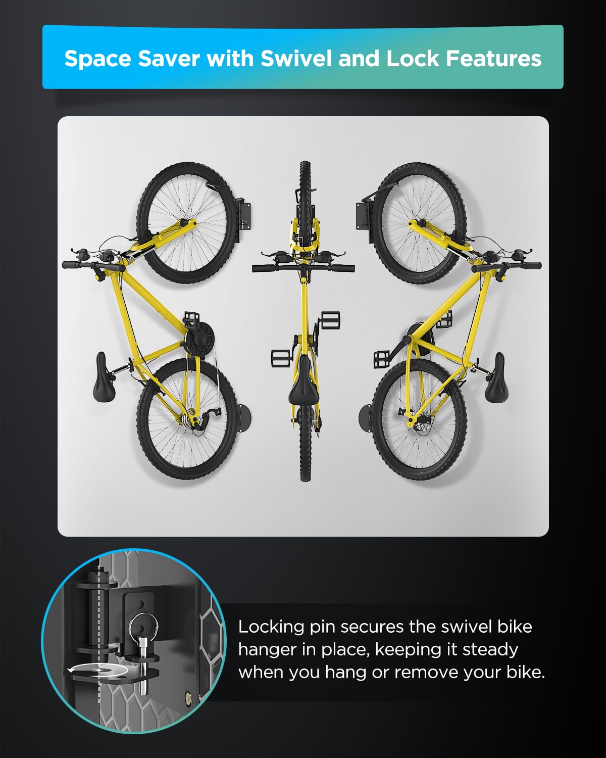 GZBEVITAR Swivel Bike Wall Mount Rack - Space Saving Bike Storage Stand with Rear Wheel Holder for Indoor & Garage Use (2 Pack) - Perfect for Apartments, Small Spaces & Home Organization