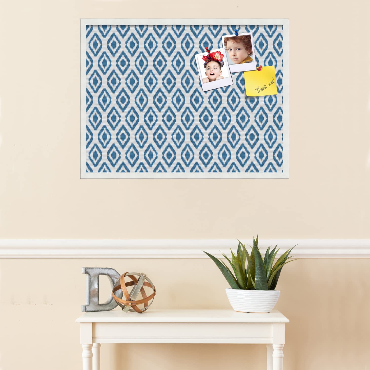 PinPix 32x24 Inch Cork Bulletin Board with Ikat Navy Design & Satin White Frame - Decorative Wall Pin Board for Home Office School Classroom Decor - Perfect for Notes, Photos, Reminders & Organization