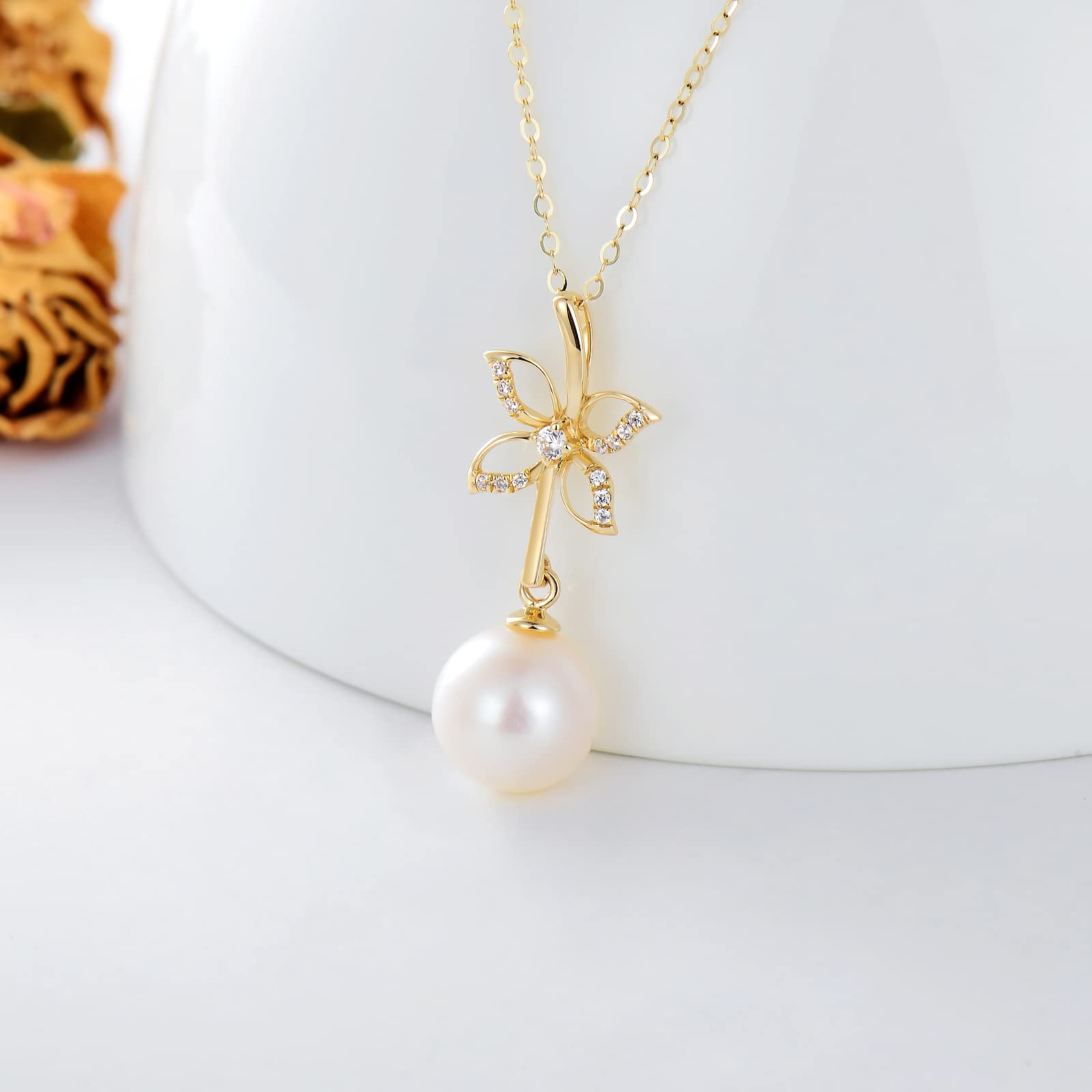 14K Real Gold Pearl Pendant Necklace for Women - Butterfly/Crown/Flower Pearl Necklace in Yellow Gold, 16-18 Inch, Elegant Jewelry Gift for Wife, Mom, Girlfriend | Perfect for Christmas, Birthday, Anniversary & Special Occasions