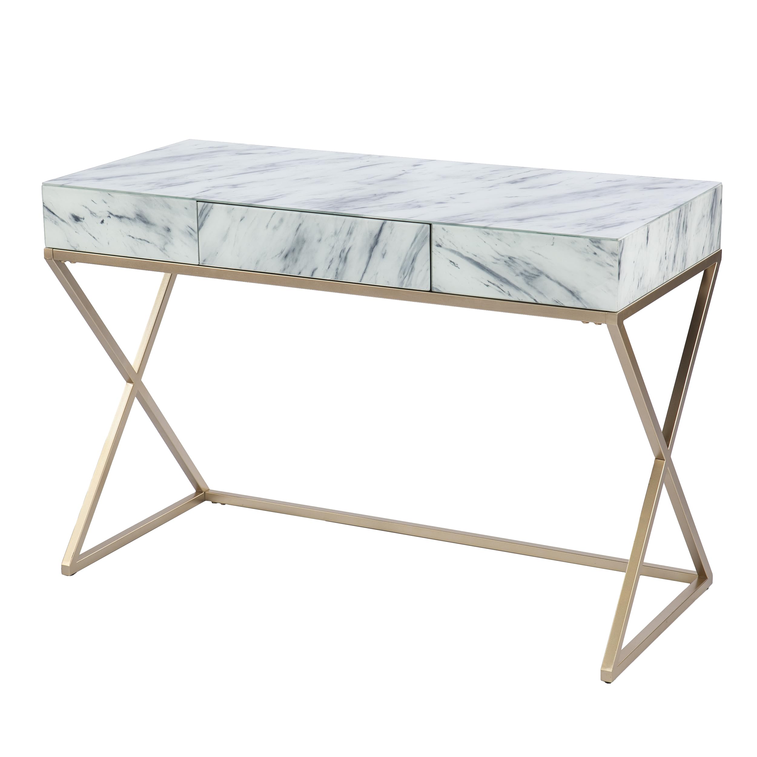 SEI Furniture Kamblemore White Faux Marble Writing Desk with Storage Drawers - Modern Home Office Desk for Small Spaces, Study & Workstation