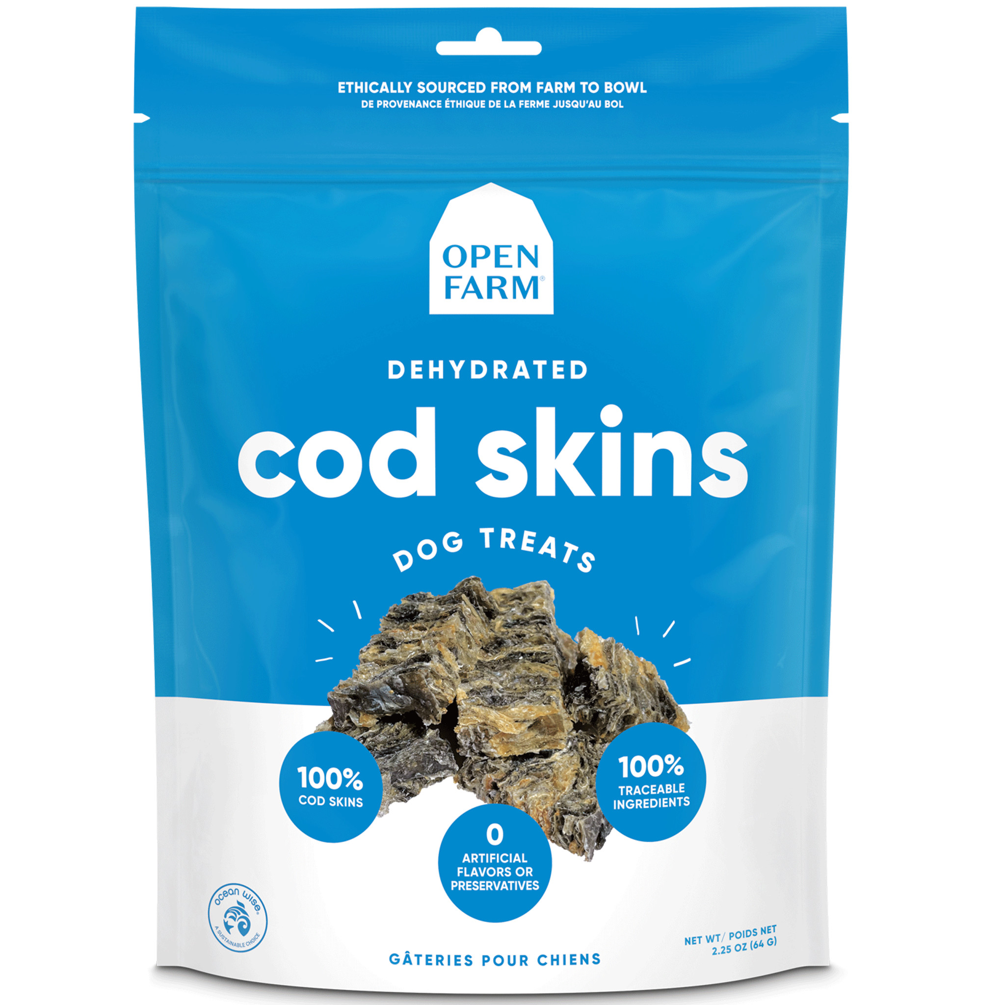 Open Farm Dehydrated Cod Skin Dog Treats – 2.25oz | All-Natural, Grain-Free Chews for Puppies & Adult Dogs | Perfect for Training, Dental Health & Long-Lasting Entertainment