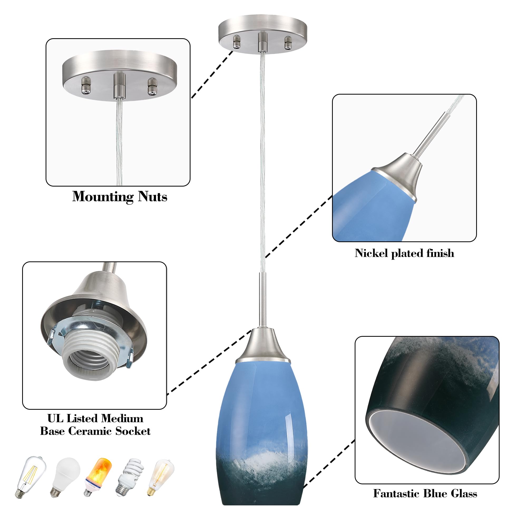 3-Pack Blue Mini Pendant Lights - Handblown Glass Kitchen Island Lighting with Adjustable Cord - Ceiling Hanging Lamps for Kitchen, Bar, Dining Room, Foyer & Hallway | Perfect for Modern Home Decor and Restaurant Ambiance