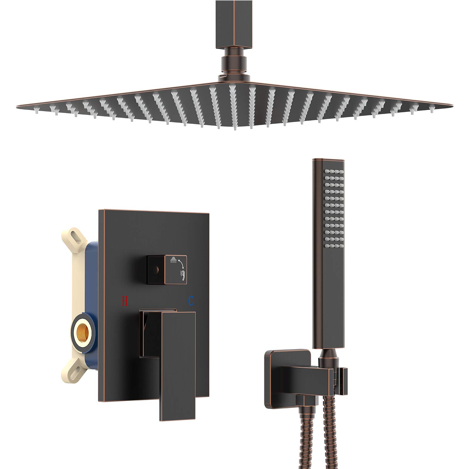 Oil Rubbed Bronze Ceiling Mount Rain Shower System - 12 Inch Square Shower Head with Handheld Sprayer - Bathroom Shower Faucet Set with Mixer Valve & Trim Kit - Perfect for Modern & Luxury Bathroom Renovations