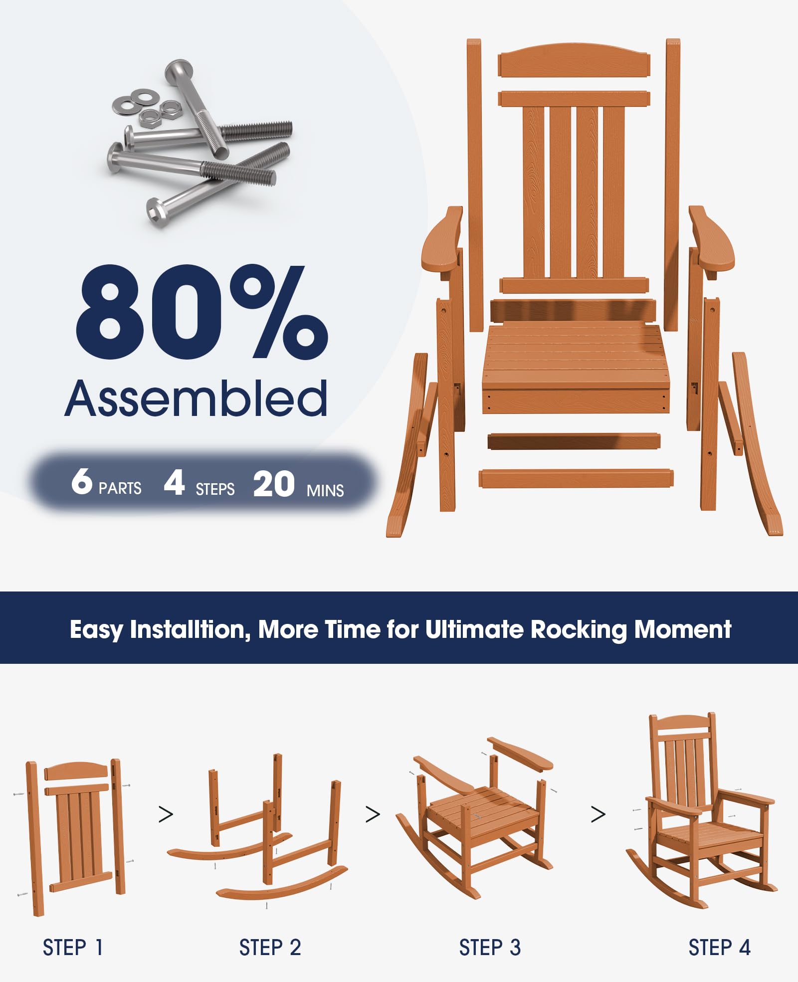 KINGYES Outdoor Rocking Chairs for Patio - Weather Resistant High Back Porch Rocker with Comfortable Cushion for Adults - Perfect for Garden, Backyard, Deck & Poolside Relaxation (Orange)