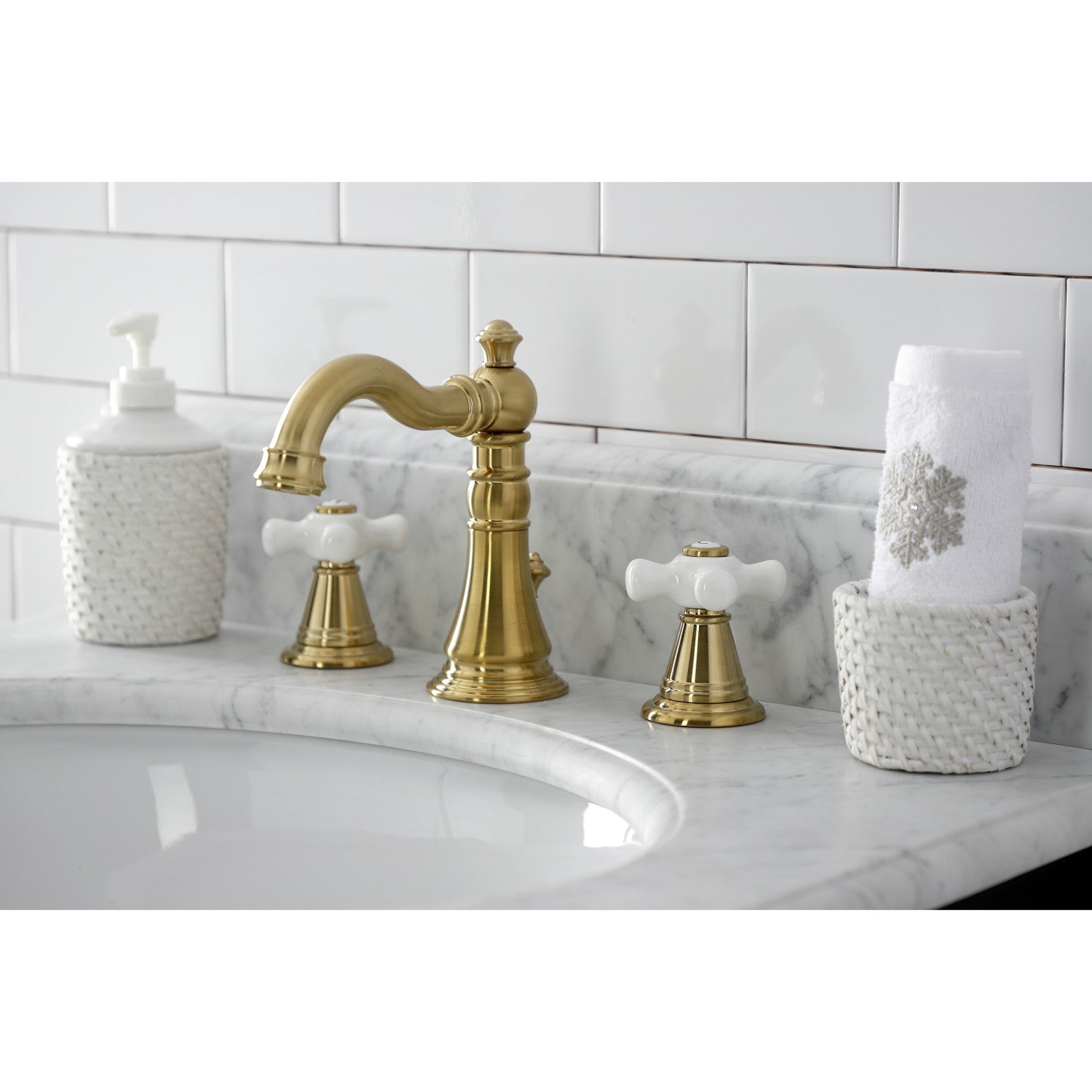 American Classic FSC1973APX 3-Hole Widespread Bathroom Faucet with Brass Pop-Up Drain - Brushed Brass Finish - Two Handle Deck Mount Sink Faucet for Bathroom Vanity, Powder Room & Guest Bath Installation