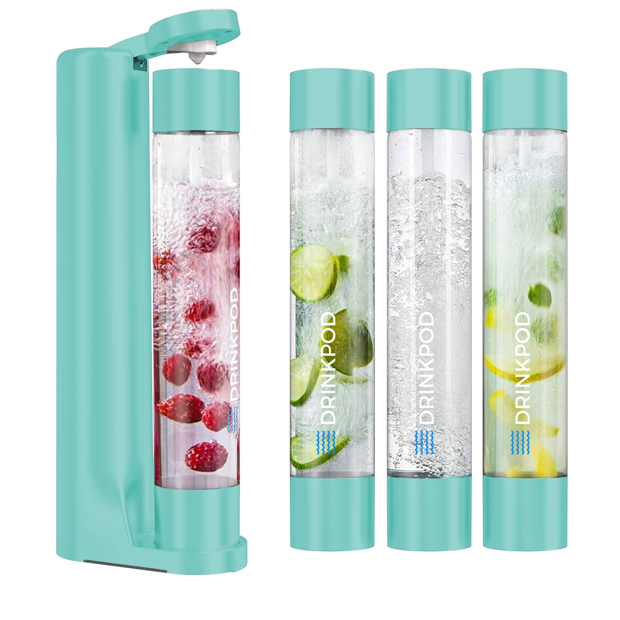 FizzPod Soda Maker Machine for Home - Sparkling Water Carbonator with 3 PET Bottles & Caps | Make Fizzy Drinks, Cocktails, Coffee & Tea | Perfect for Parties, Kitchen & Healthy Lifestyle (Aruba Blue)