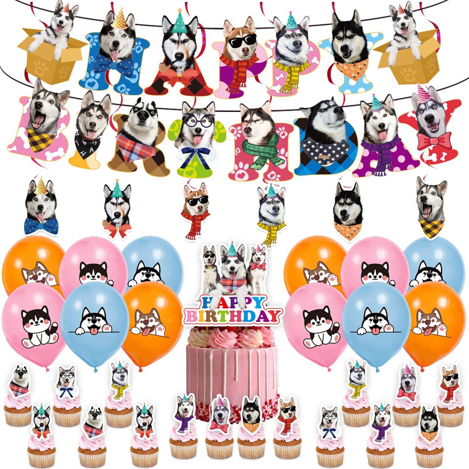 Funny Siberian Husky Birthday Party Decorations Set - Husky Theme Banner, Cake Topper, Balloons & Puppy Party Supplies for Dog Lovers | Perfect for Husky Themed Birthday Celebrations, Dog Adoption Parties & Pet Lover Gatherings