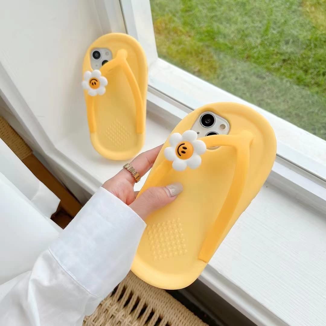 Yatchen Cute Cartoon Yellow Slippers & Flower Flip Flops 3D Soft Silicone Phone Case for iPhone 13 - Kawaii Design, Protective Cover for Women & Girls - Perfect for Summer, Beach Days, and Casual Outings