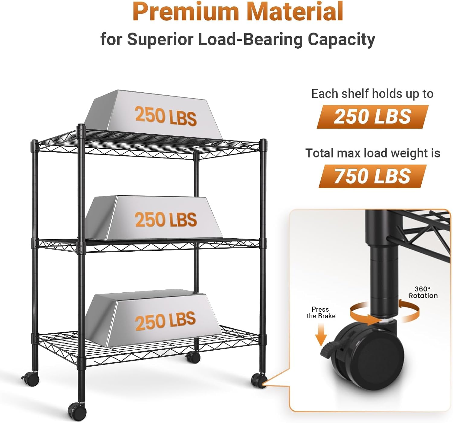 Heavy Duty 3-Tier Adjustable Wire Shelving Unit - 750 lbs Capacity (250 lbs per Shelf) - 30