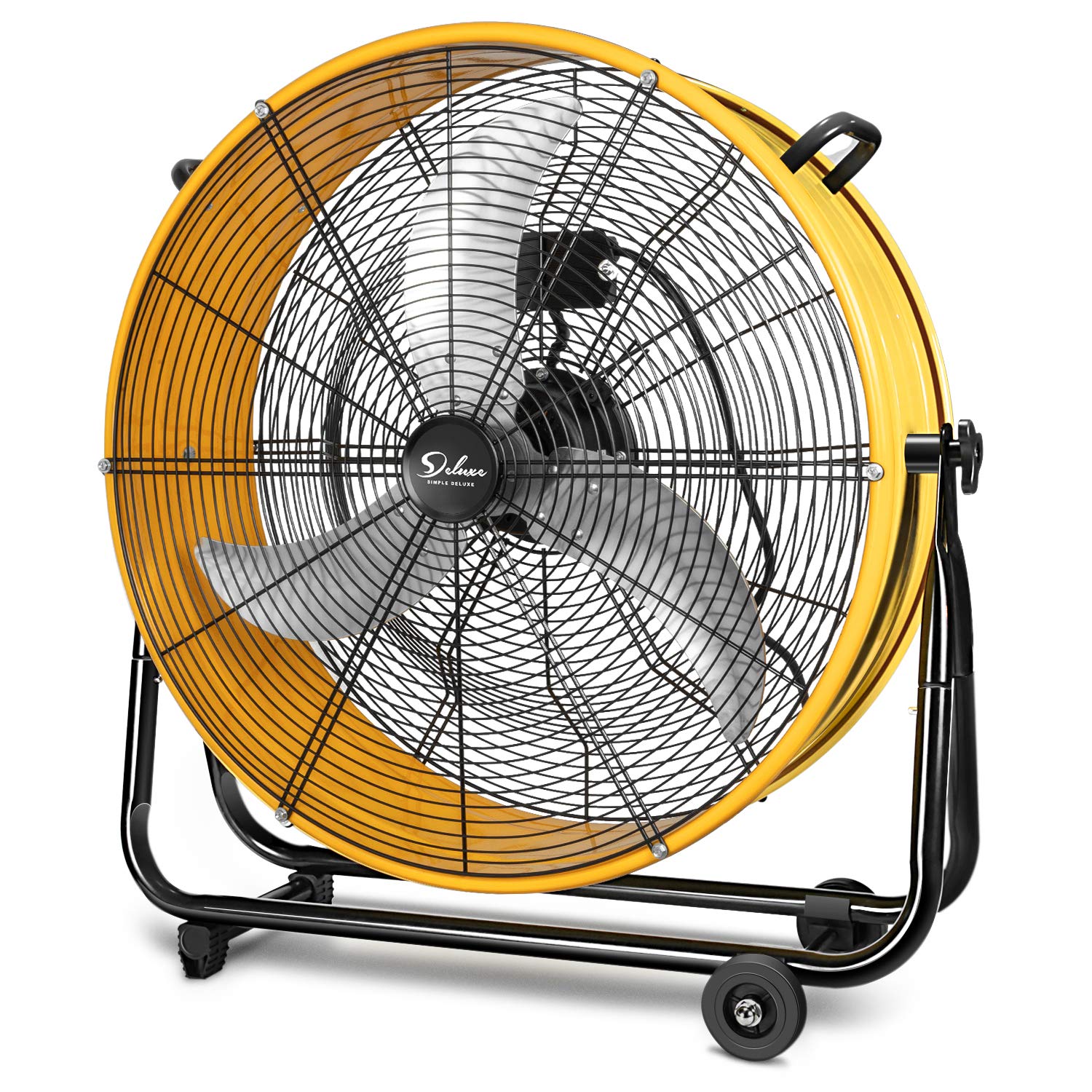 Simple Deluxe 24 Inch High Velocity Drum Fan - 3 Speed Industrial Air Circulator for Warehouse, Greenhouse, Workshop, Patio, Factory & Basement | Yellow Heavy Duty Cooling Fan for Ventilation & Airflow