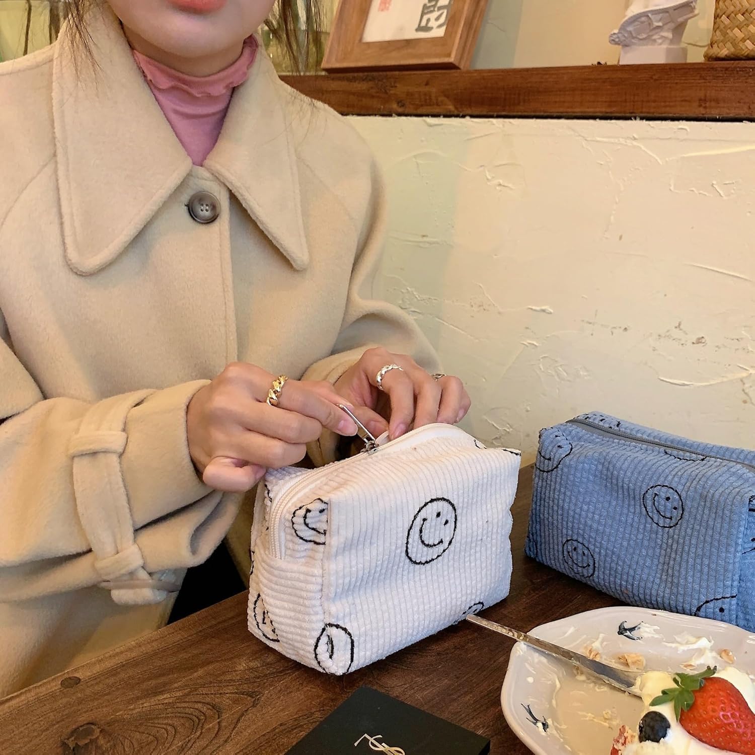 Street27® 2-Piece Corduroy Makeup Bag Set - Cute Smiley Face Cosmetic Pouch & Travel Toiletry Organizer for Women (25x18cm) | Perfect for Makeup Brushes Storage, Travel Essentials & Aesthetic Vanity Organization