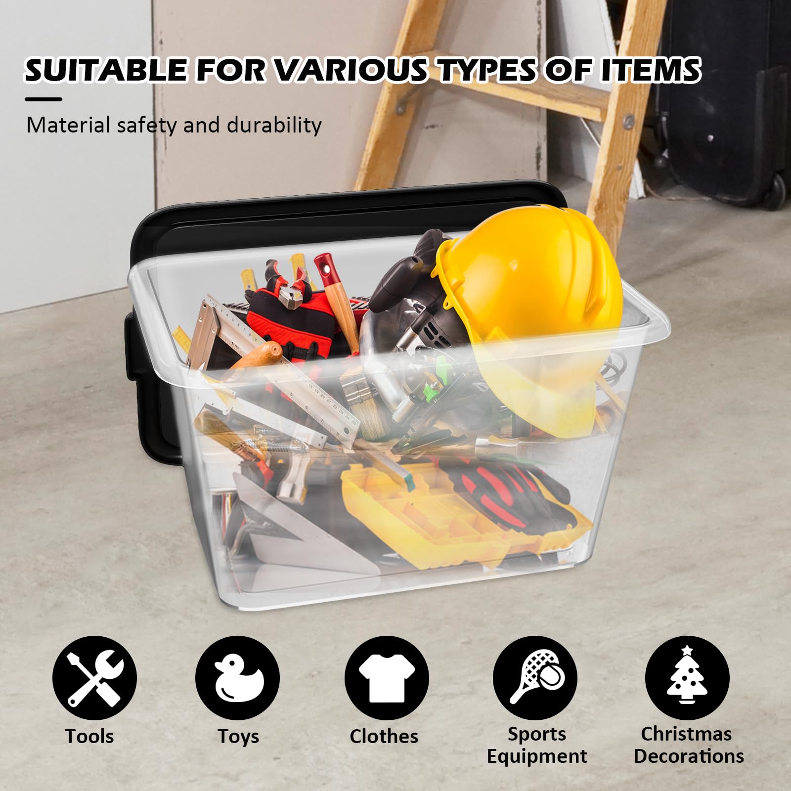 14.5-Gallon Stackable Plastic Storage Bins with Lids - 4-Pack Black & Clear Containers for Home Organization, Garage, Pantry, and Office Storage