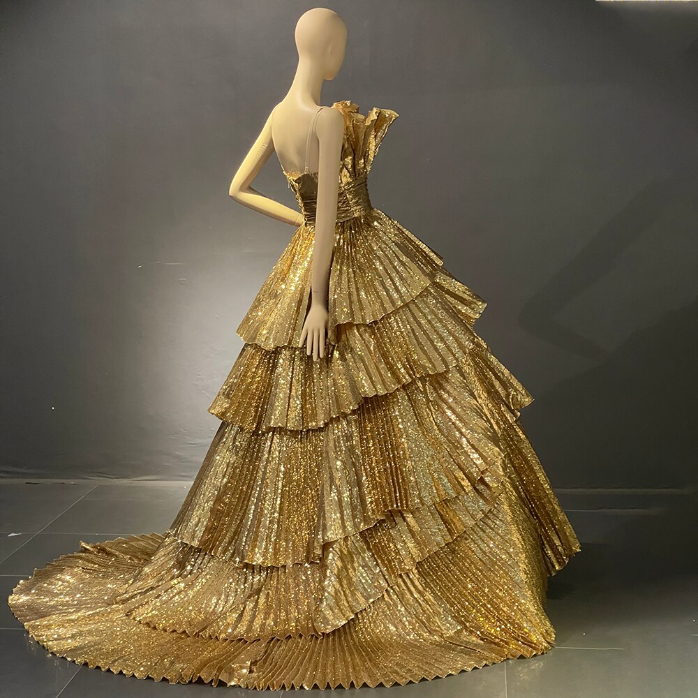 Luxury Serene Hill Gold A-Line Ruffles Scalloped Neck Evening Dress for Women - Elegant Party Gown 2025 Collection (LA71753) | Perfect for Galas, Weddings & Formal Events