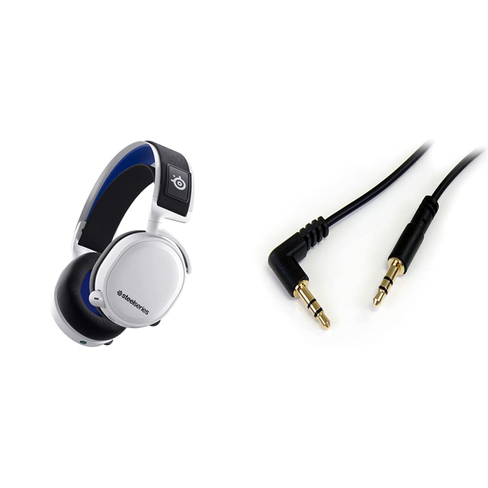 SteelSeries Arctis 7P+ Wireless Gaming Headset for PS5, PC & Mobile - White Noise-Canceling Headphones with 24H Battery & ClearCast Mic - Perfect for Gaming, Streaming & Remote Work | StarTech 1ft Right Angle 3.5mm Slim Audio Cable (MU1MMSRA) - Black Aux Cable for Headphones, Speakers & Audio Devices