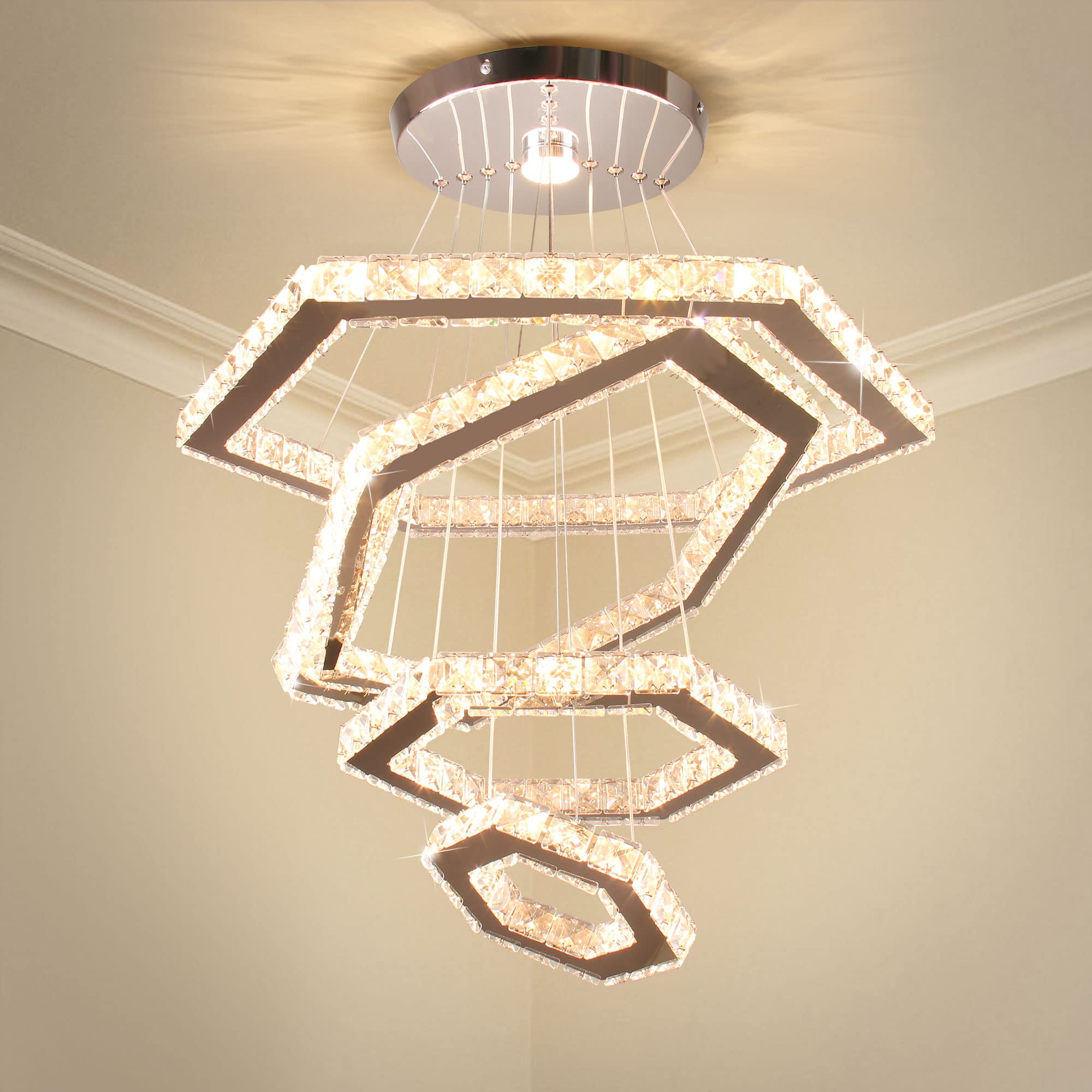 Modern Crystal Chandelier - 4-Ring Polygon LED Flush Mount Pendant Light Fixture in Stainless Steel for Dining Room & Kitchen (Warm White) | Elegant Lighting for Home Decor, Restaurants and Wedding Venues