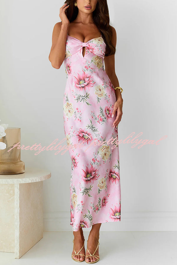 Elegant Satin Floral Print Cutout Bust Midi Dress for Women | Summer Beach Wedding Guest Dress | Perfect for Vacations, Date Nights & Special Occasions
