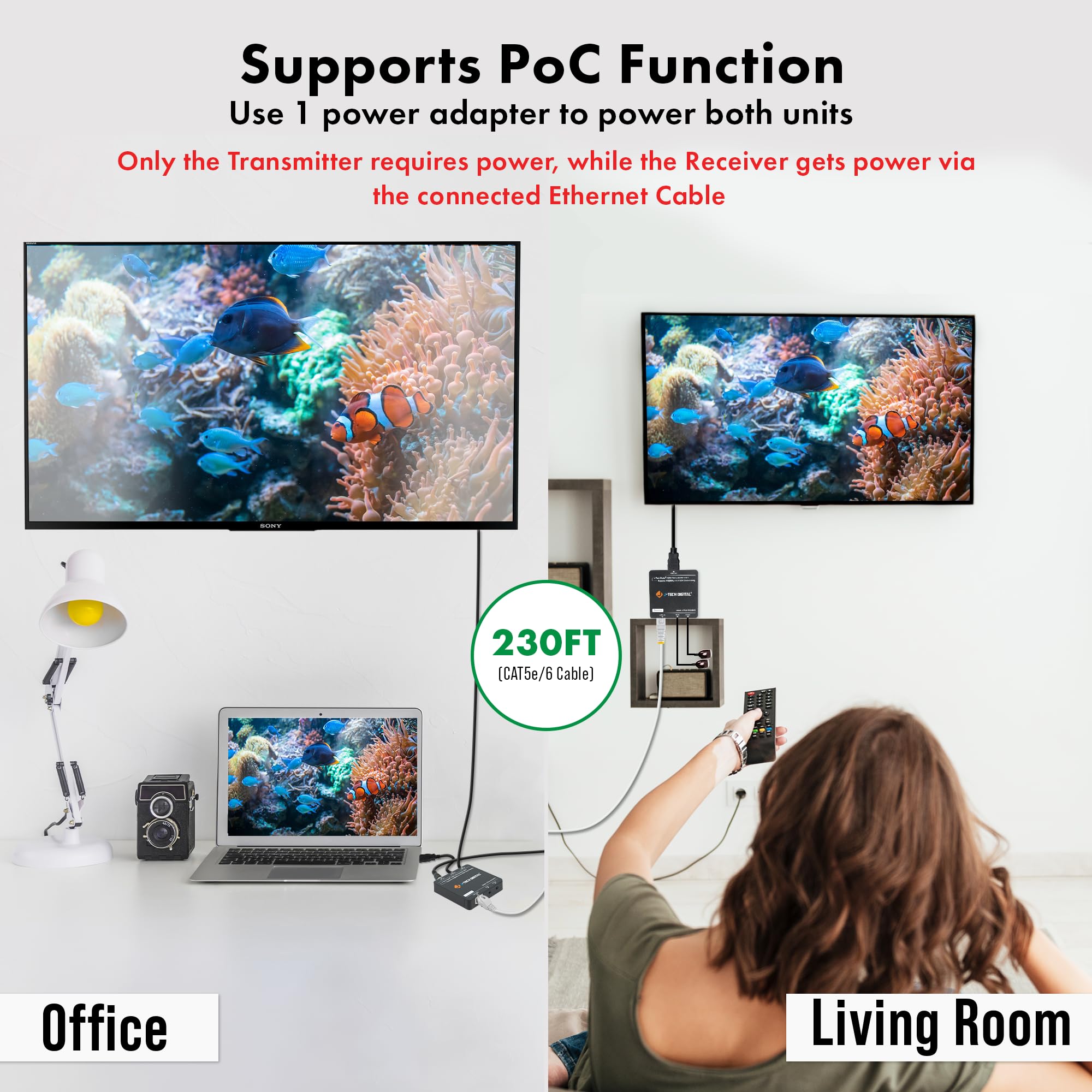 J-Tech Digital HDMI Extender 4K 60Hz Over Cat5e/6 Ethernet Cable - 230ft Range with 4K Downscaling, HDMI Loop Out, PoC, HDR & Bi-Directional IR [JTECH-EX230V2] - Perfect for Home Theater, Conference Rooms & Long-Distance AV Setups