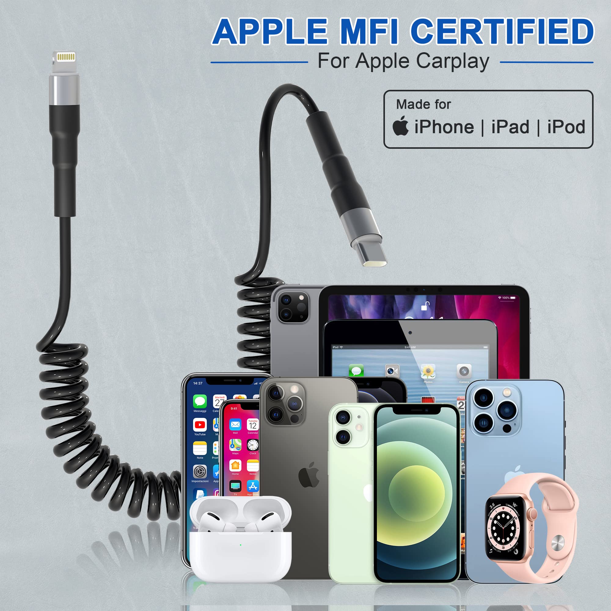 MFi Certified Coiled USB-C to Lightning Cable - Fast Charging & Data Sync for iPhone/iPad/iPod | Apple CarPlay Compatible Retractable Charger with LED Indicator | Perfect for Car, Home & Office Use
