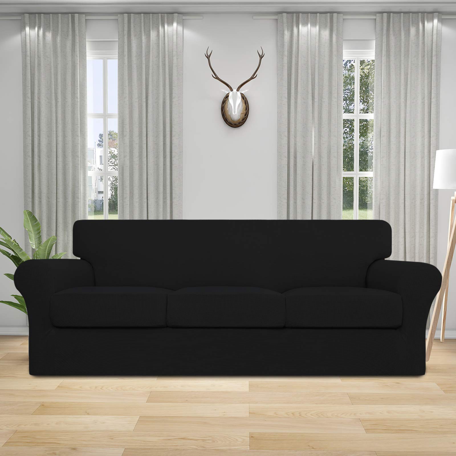 4-Piece Stretch Sofa Cover for Dogs & Pets - Washable Elastic Couch Slipcover for 3-Cushion Couches - Spandex Jacquard Fabric Furniture Protector for Pets & Kids (Black) - Perfect for Pet Owners & Family Homes