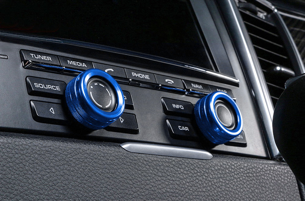 Blue Aluminum AC Climate Control & Radio Volume Knob Ring Covers for Porsche 911 997 991 - Interior Car Accessories for Enhanced Grip & Style (Set of 4) - Perfect for Driving Comfort & Customization