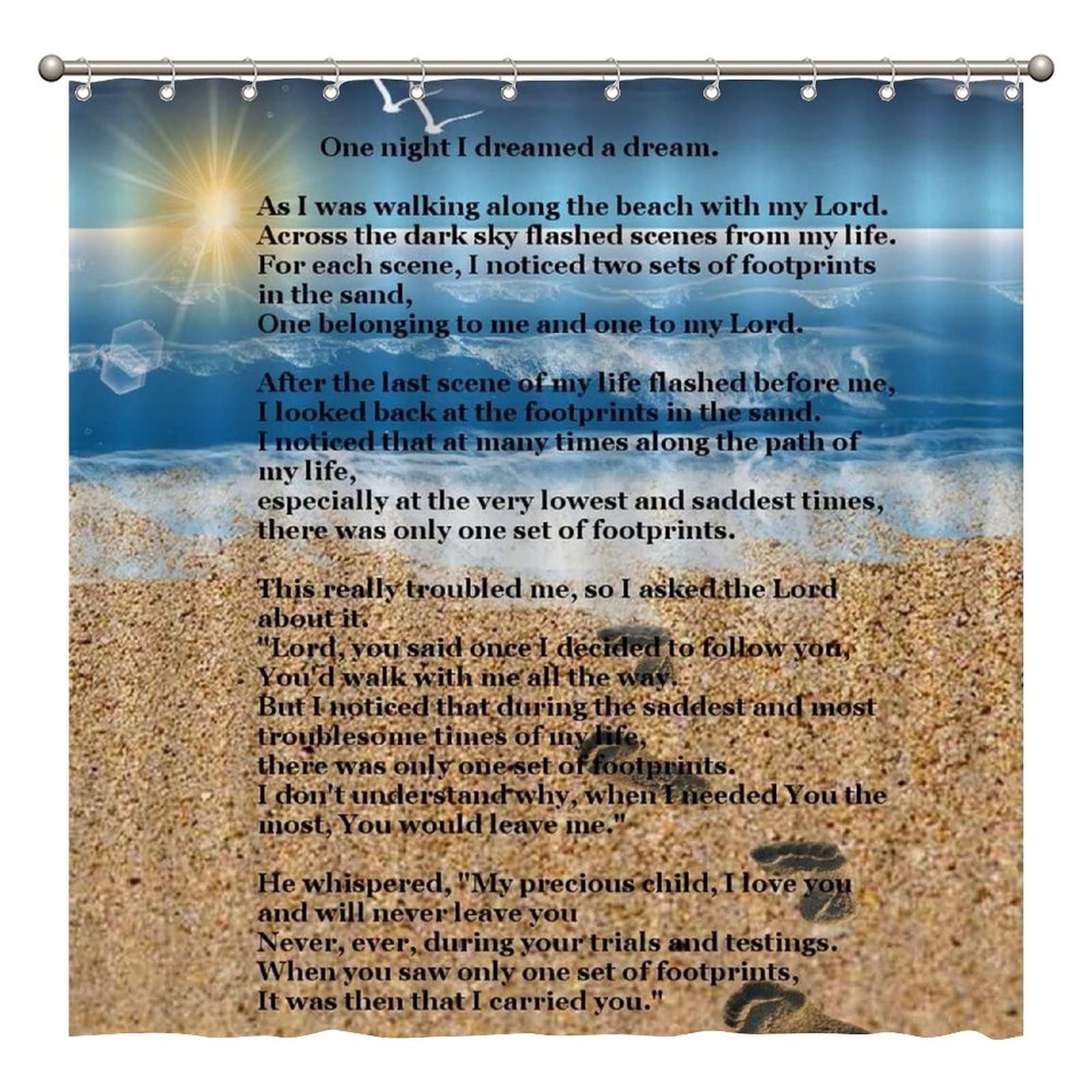 Waterproof Footprints in The Sand Shower Curtain Set - 72x72 Inch Bathroom Decor with 12 Plastic Hooks | Beach Theme Shower Curtain for Coastal, Nautical or Vacation Home Bathroom Design